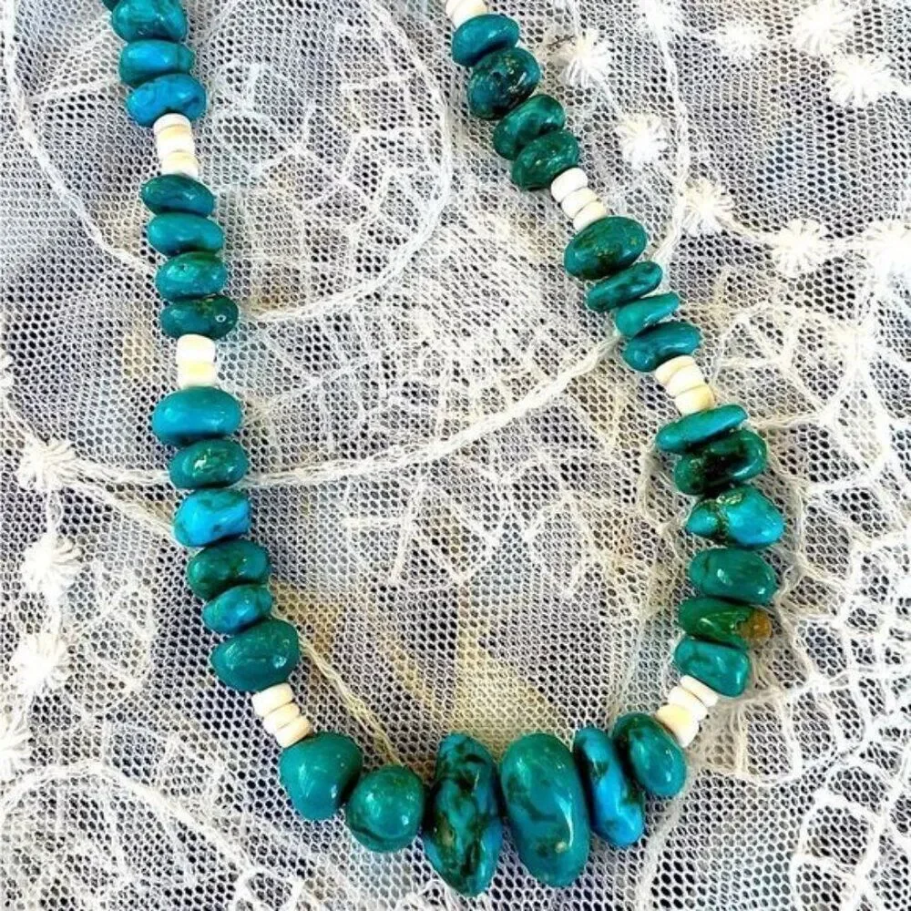 Vintage Turquoise nugget & Spiny Oyster Shell Heishi Necklace 30”